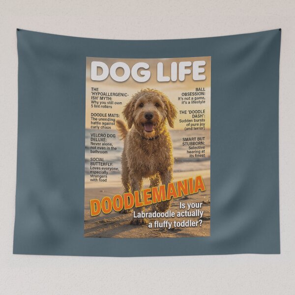 Item preview, Labradoodle Doodlemania: Funny Dog Life Magazine Cover Art designed and sold by FrancophileFun.