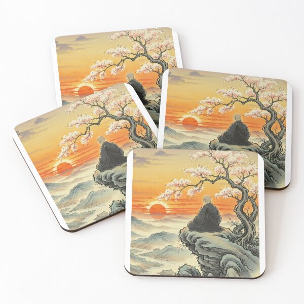 Item preview, Zen Monk Meditating: Sunset and Cherry Blossoms designed and sold by SakuraVibes.