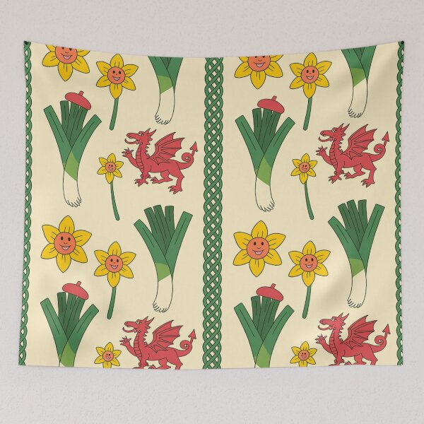 Item preview, St David's Day Welsh Icons Pattern – Smiling Leeks, Red Dragons & Daffodils designed and sold by Midnight Veil Designs.