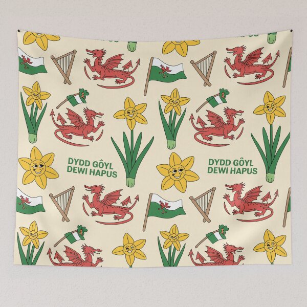 Item preview, Dydd Gŵyl Dewi Hapus – Smiling Welsh Dragons, Daffodils & Leeks Pattern designed and sold by Midnight Veil Designs.