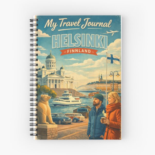 Artikelvorschau, My Travel Journal – Helsinki | Retro Städte Notizbuch entworfen und verkauft von Earth Celebration Designs.