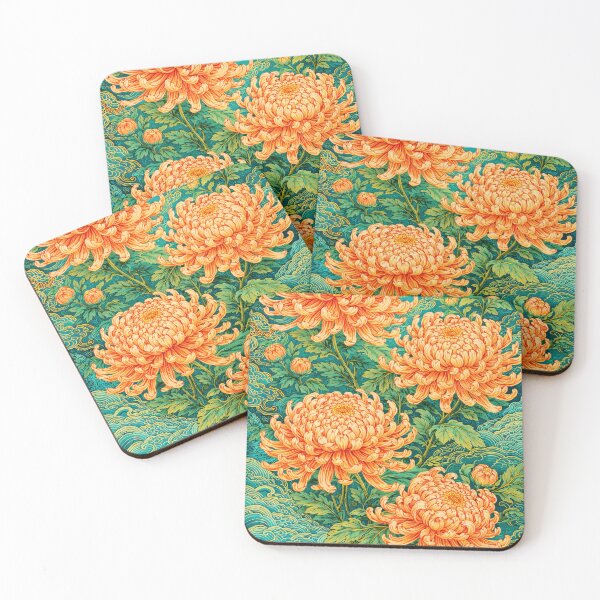 Item preview, Salmon Toned Chrysanthemum Flowers On Marine Turquoise designed and sold by scicilysimonee.