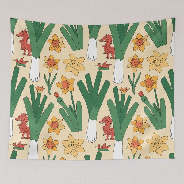 Item preview, St David's Day Welsh Pattern – Smiling Leeks, Red Dragons & Happy Daffodils designed and sold by Midnight Veil Designs.