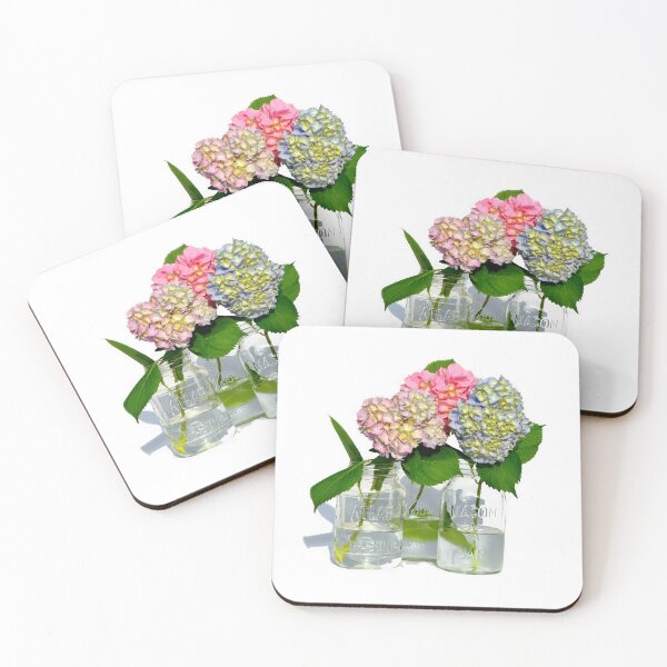 Item preview, Pink hydrangeas, yellow hydrangeas, blue Hydrangeas in mason jars designed and sold by hollycooper.