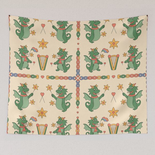 Item preview, Dydd Gŵyl Dewi Hapus – Cute Welsh Dragons with Daffodils & Harps Pattern designed and sold by Midnight Veil Designs.