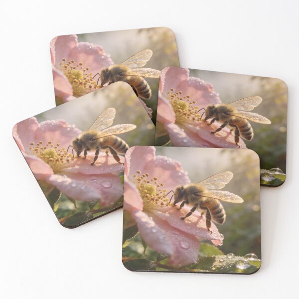 Item preview, Soft morning light captures a bee as it lands on a delicate blossom. designed and sold by ater-aquilifer.