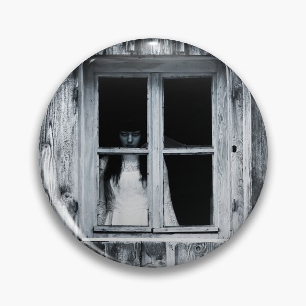 Item preview, A haunting female figure in a white dress stands alone behind an old decaying window designed and sold by grande76.