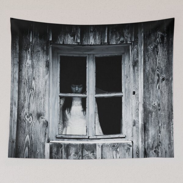 Item preview, A haunting female figure in a white dress stands alone behind an old decaying window designed and sold by grande76.