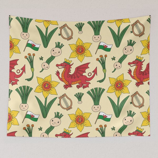 Item preview, Cute Welsh Pattern | Daffodils, Leeks, Dragons, Harps & Flags designed and sold by Midnight Veil Designs.