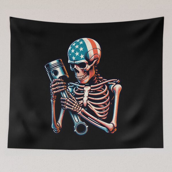 Item preview, Patriotic Skeleton Mechanic Piston American Flag Funny Gearhead USA Racing designed and sold by CarantinedChaos.