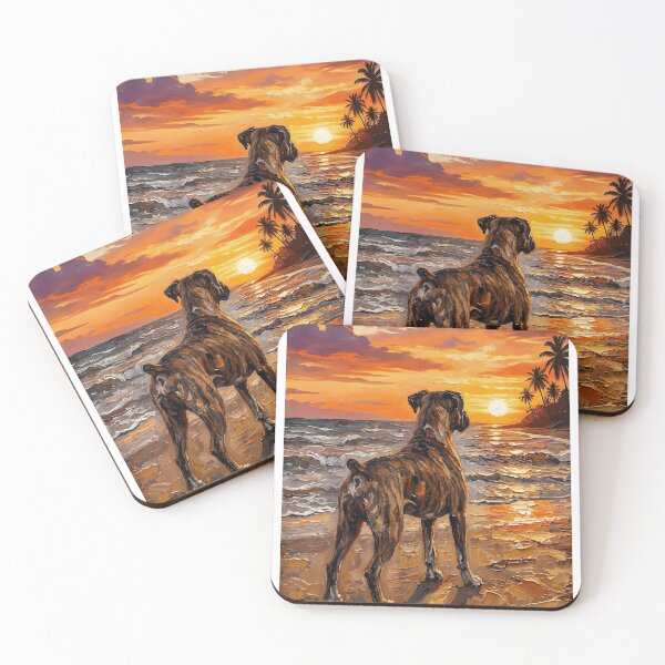 Item preview, Brindle Boxer Dog at Sunset Beach Tropical Coastal Artwork designed and sold by VGAfanatic.