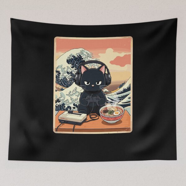 Item preview, Retro Gamer Cat With Ramen Great Wave designed and sold by krystalRomanart.