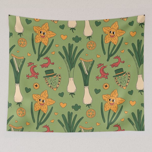 Item preview, Cute Welsh St David's Day Pattern | Leeks, Daffodils & Dragons designed and sold by Midnight Veil Designs.