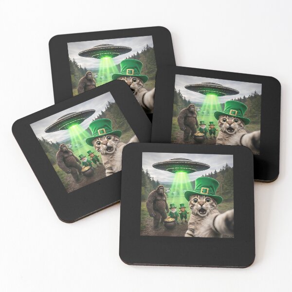 Item preview, Funny St Patricks Day Cat Selfie with Leprechaun Bigfoot UFO designed and sold by Boutkimaewab.