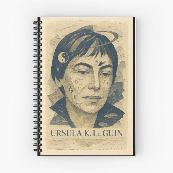 Item preview, Ursula K. Le Guin Abstract Collage – Taoist Sci‑Fi Portrait with Yin‑Yang, Starships, Dragons, Indigo and Foil Layers designed and sold by Cosmopolis.
