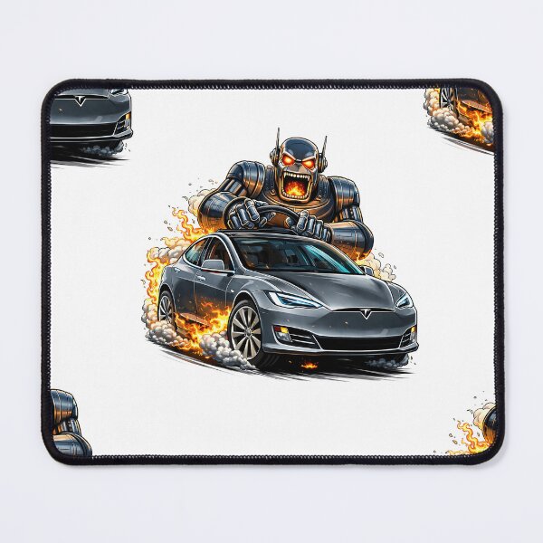 Item preview, Giant Robot drives a Tesla cartoon sticker and t-shirt designed and sold by PIXEL POP DESIGNS - Beyond the Norm!.