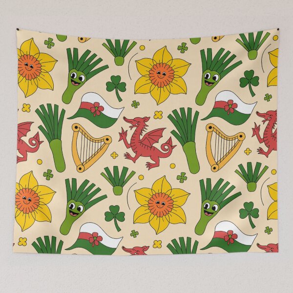 Item preview, Cute Welsh Pattern | Daffodils Leeks Dragons Harps & Flags designed and sold by Midnight Veil Designs.