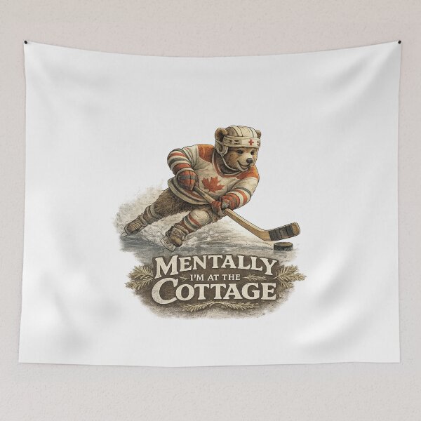Item preview, Vintage Hockey Bear Cottage Life Illustration – Rustic Winter Sports Art designed and sold by YK SHOP.