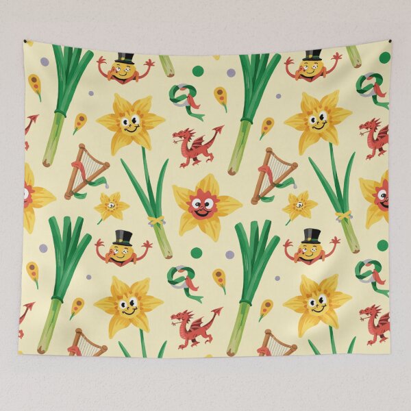 Item preview, Cute Welsh St David's Day Pattern | Leeks Daffodils Dragons designed and sold by Midnight Veil Designs.