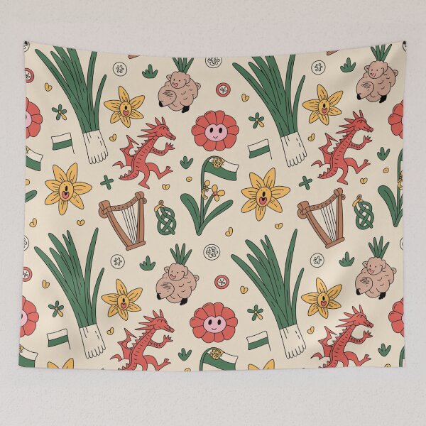 Item preview, Cute Welsh Pattern | Daffodils Leeks Dragons Sheep & Harps designed and sold by Midnight Veil Designs.