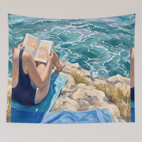 Item preview, Woman Reading by the Ocean Pastel Coastal Painting designed and sold by matchakpop.