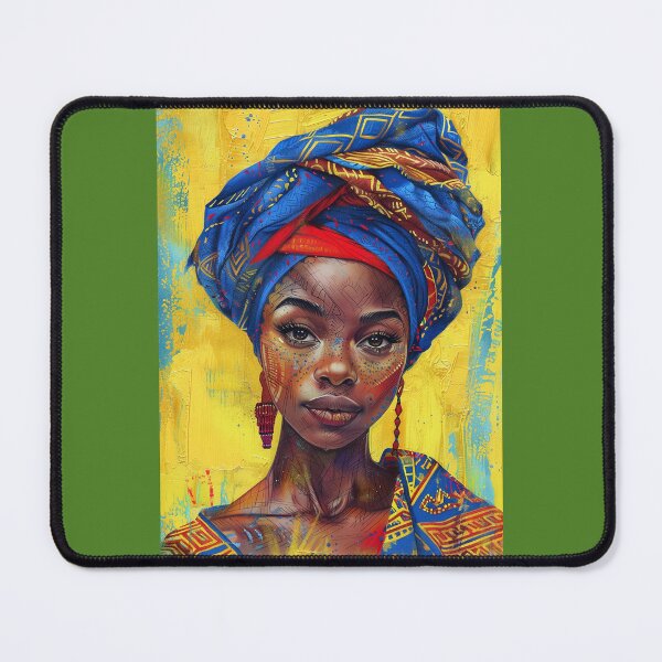 Item preview, African Woman with Blue Headscarf - Textured Art with Traditional Patterns and Yellow Background designed and sold by Hipatye26.