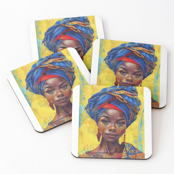 Item preview, African Woman with Blue Headscarf - Textured Art with Traditional Patterns and Yellow Background designed and sold by Hipatye26.