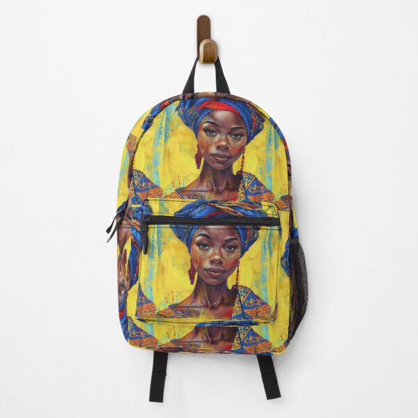 Item preview, African Woman with Blue Headscarf - Textured Art with Traditional Patterns and Yellow Background designed and sold by Hipatye26.