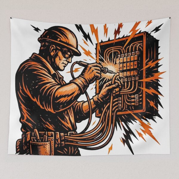 Item preview, Vintage Woodcut Electrician Worker Graphic designed and sold by LightPrintsCo.
