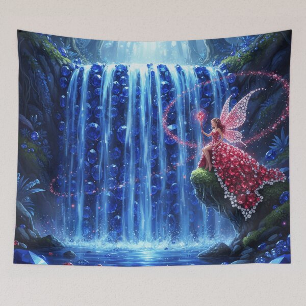 Item preview, Blue Sapphire waterfall with fairy wearing red ruby dress designed and sold by Fairy's and Dragons .