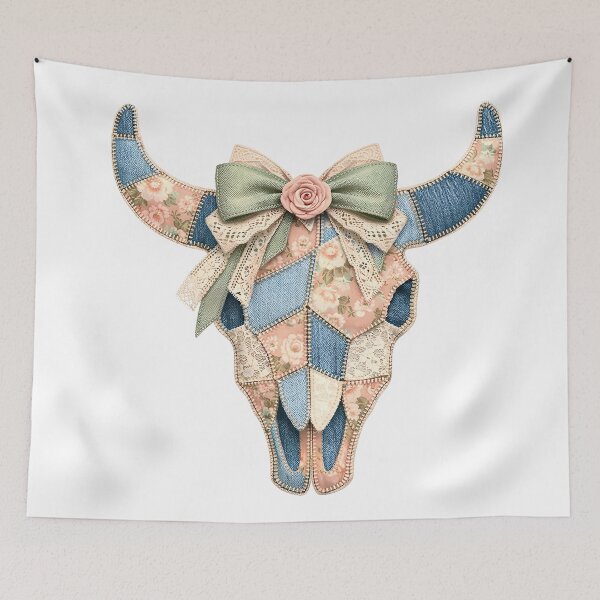 Item preview, Floral Patchwork Cow Skull Western Coquette Denim Boho Aesthetic designed and sold by Luvahawb.