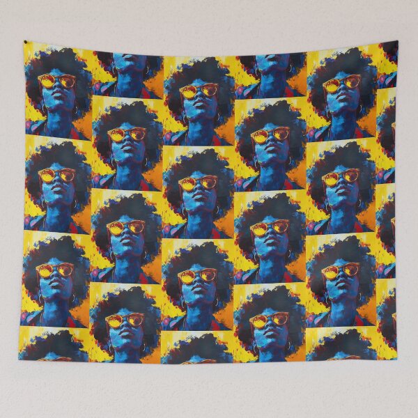 Item preview, Afro Woman with Sunglasses - Contemporary Art with Blue and Yellow Contrasts designed and sold by Hipatye26.