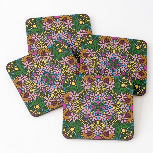 Item preview, Rainbow Floral Mandala with Bees & Ladybugs - Colorful Symmetry Pattern designed and sold by TheArtOfTreble.