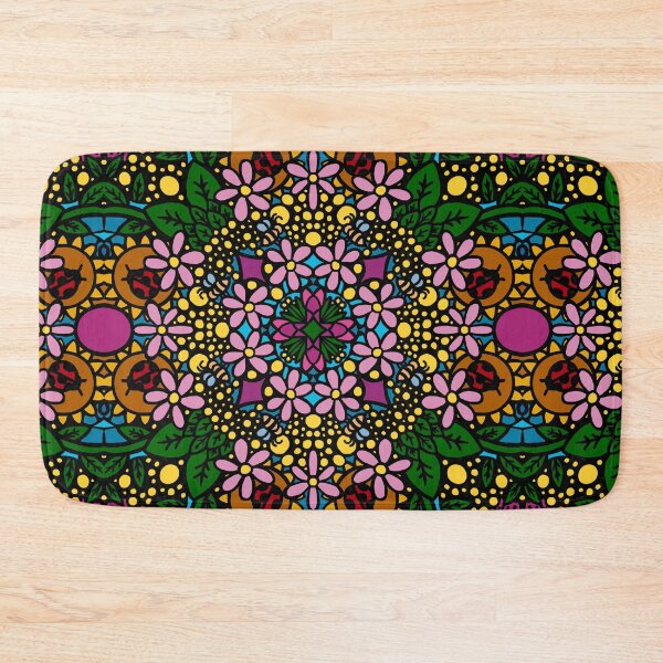 Item preview, Rainbow Floral Mandala with Bees & Ladybugs - Colorful Symmetry Pattern designed and sold by TheArtOfTreble.