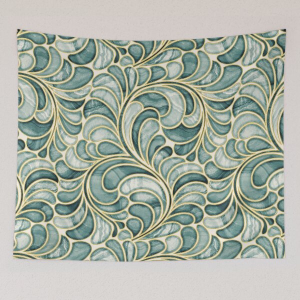 Item preview, Marble Mosaic Fern Leaves - Granite Teal and Gold designed and sold by TigaTiga.