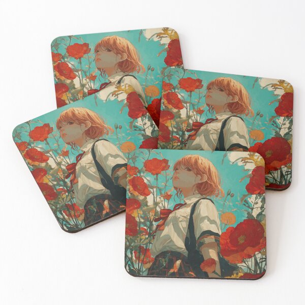 Item preview, Anime school girl in flower field designed and sold by Whimsy-Glim.