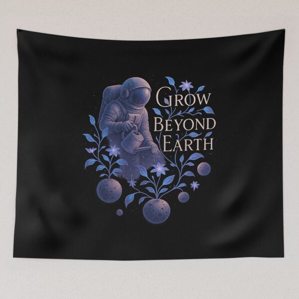Item preview, Grow Beyond Earth - Astronaut Watering Alien Plants Sci-Fi Art Print designed and sold by MKreative Studio.