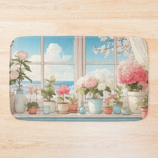 Item preview, Botanical Window Watercolor – Spring Pink Blooms Breezy Ocean View (Anime Aesthetic) designed and sold by Whimsical Wayfarer.