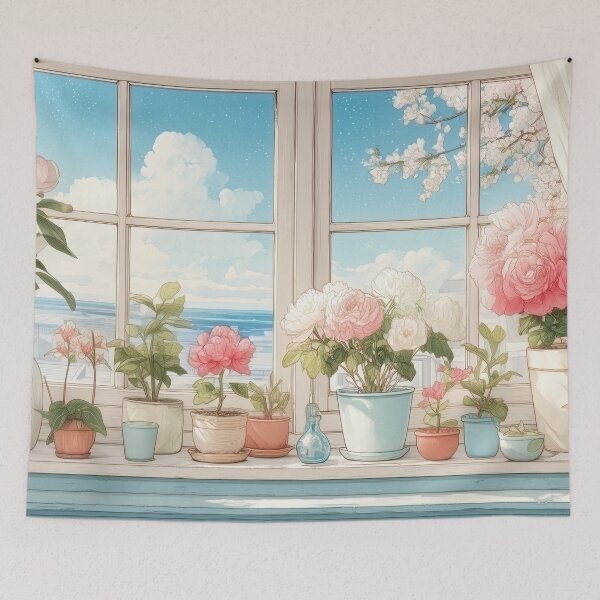 Item preview, Botanical Window Watercolor – Spring Pink Blooms Breezy Ocean View (Anime Aesthetic) designed and sold by Whimsical Wayfarer.