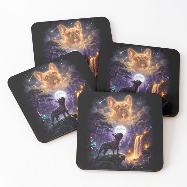 Item preview, Mystical French Bulldog Howling At The Moon Surreal Nighttime Forest Fantasy Art designed and sold by KLArtzStore.