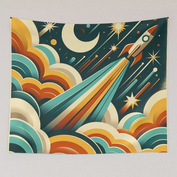 Item preview, Retro Rocket Launch Through Clouds and Stars designed and sold by InkSmithery.