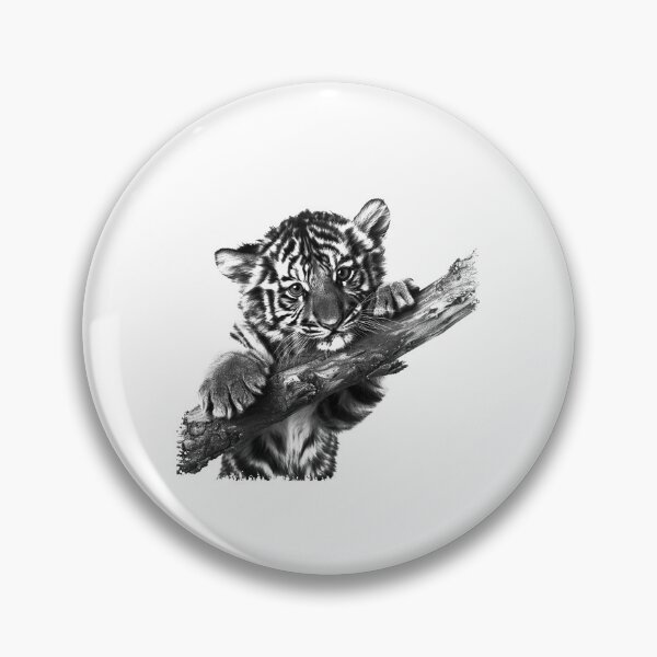 Item preview, Tiger Cub on Branch | Cute Black and White Wildlife Portrait Art designed and sold by inkoutninja.