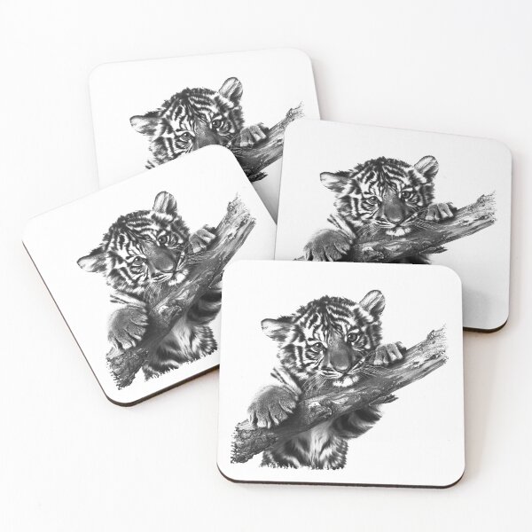 Item preview, Tiger Cub on Branch | Cute Black and White Wildlife Portrait Art designed and sold by inkoutninja.