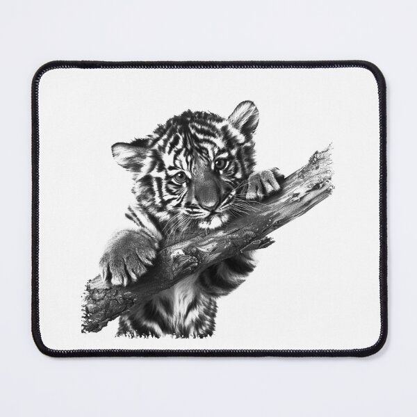 Item preview, Tiger Cub on Branch | Cute Black and White Wildlife Portrait Art designed and sold by inkoutninja.