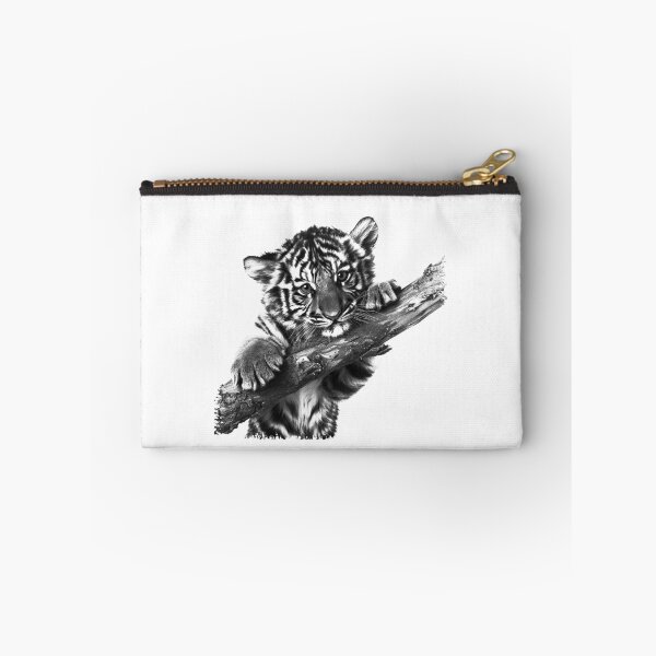 Item preview, Tiger Cub on Branch | Cute Black and White Wildlife Portrait Art designed and sold by inkoutninja.