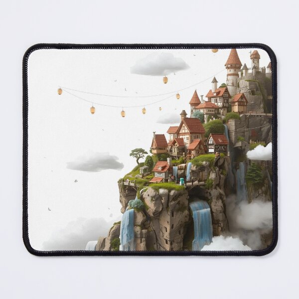 Item preview, Fantasy Cliff Village Artwork – Magical Waterfalls and Sky Bridges designed and sold by catcurio.