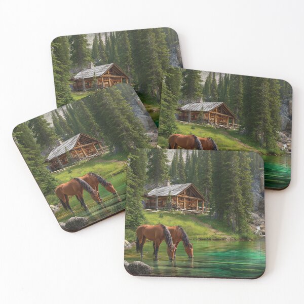 Item preview, Horses at Tranquil Lake by Lush Forest and Waterfall designed and sold by Artessie.