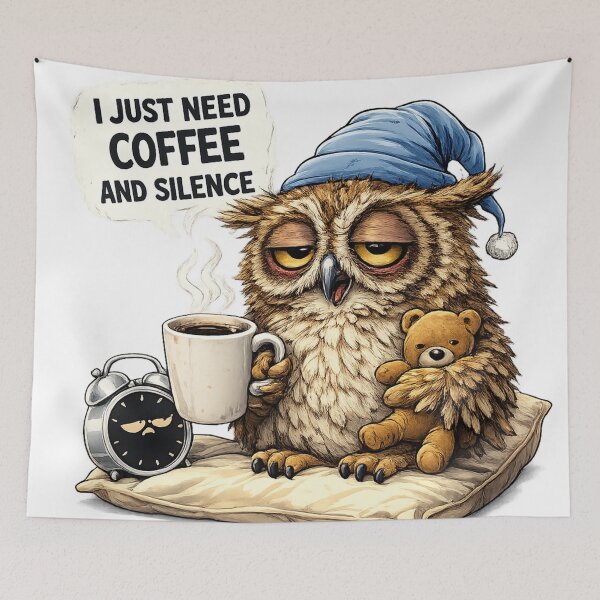 Aperçu de l'œuvre J'ai juste besoin de café et de silence – Un hibou fatigué et amusant, un dessin pour les amateurs de café créée et vendue par RolMerch.