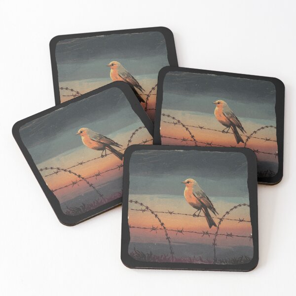 Item preview, bird perched on a barbed wire fence at dusk designed and sold by 123ks.
