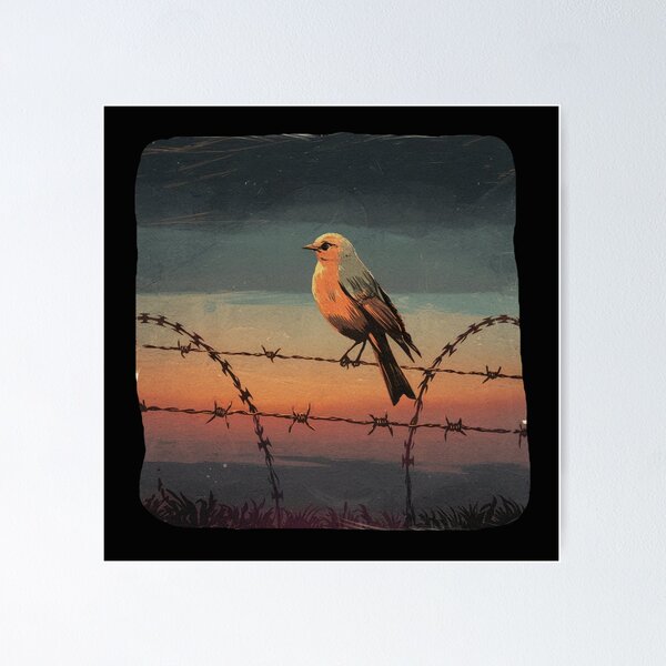 Item preview, bird perched on a barbed wire fence at dusk designed and sold by 123ks.